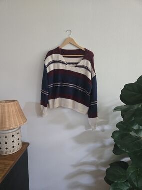 Striped V-Neck Women’s Sweater in Navy, Burgundy & Cream